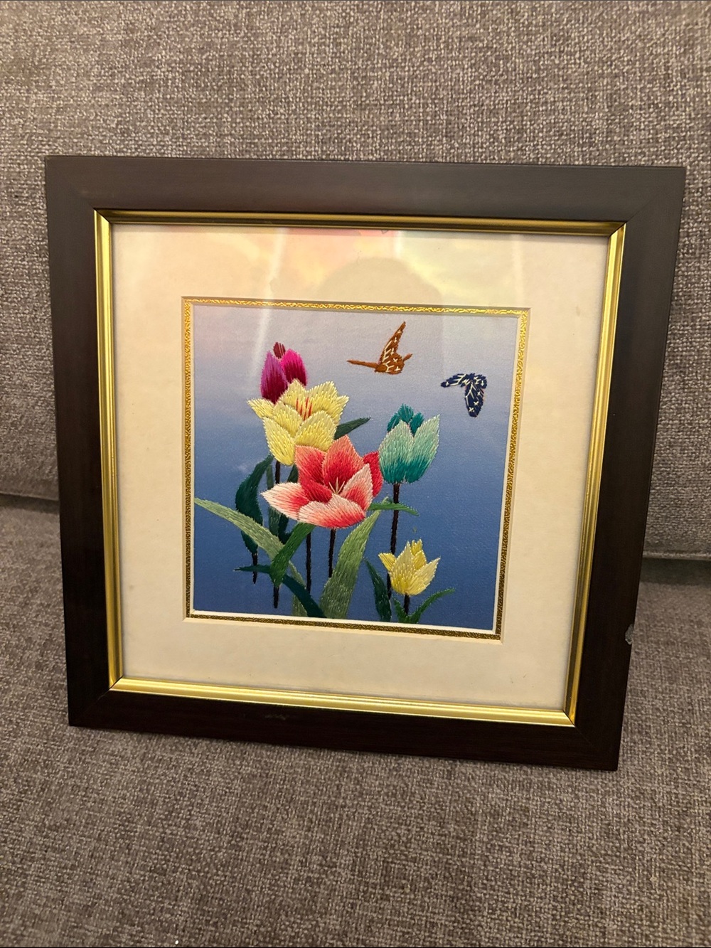 Framed Tulip Embroidery Wall Art in Multicolor